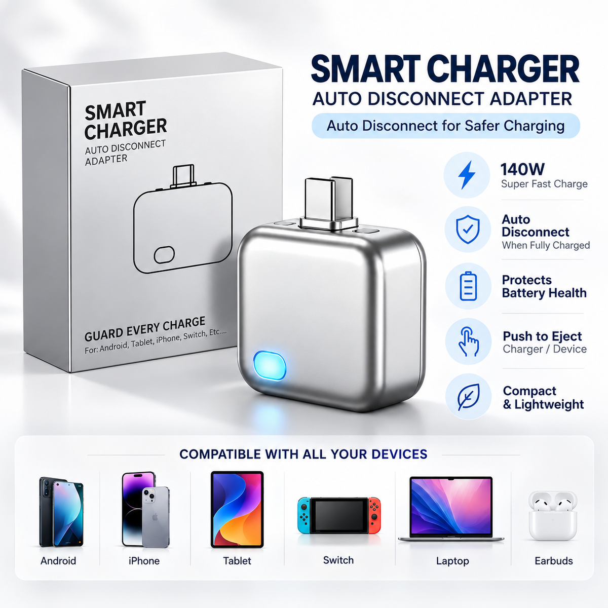 Smart USB-C Auto Disconnect Charging Adapter – Compact Fast Charger